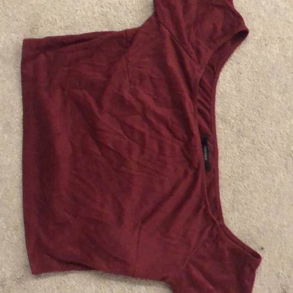 Cropped, off-shoulder, red suede shirt - Picture 2 of 3